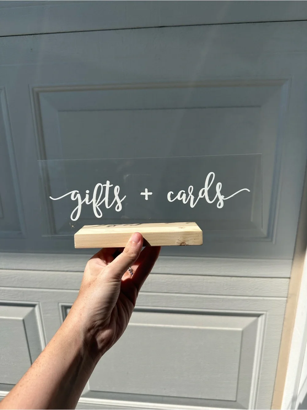 Clear Acrylic 'gifts + cards' Sign with Wooden Base